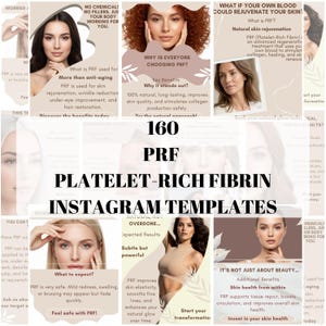 May include: A promotional image for 160 PRF (Platelet-Rich Fibrin) Instagram templates. The image features various panels with text and images of women, highlighting skin rejuvenation, wrinkle reduction, and hair restoration benefits.