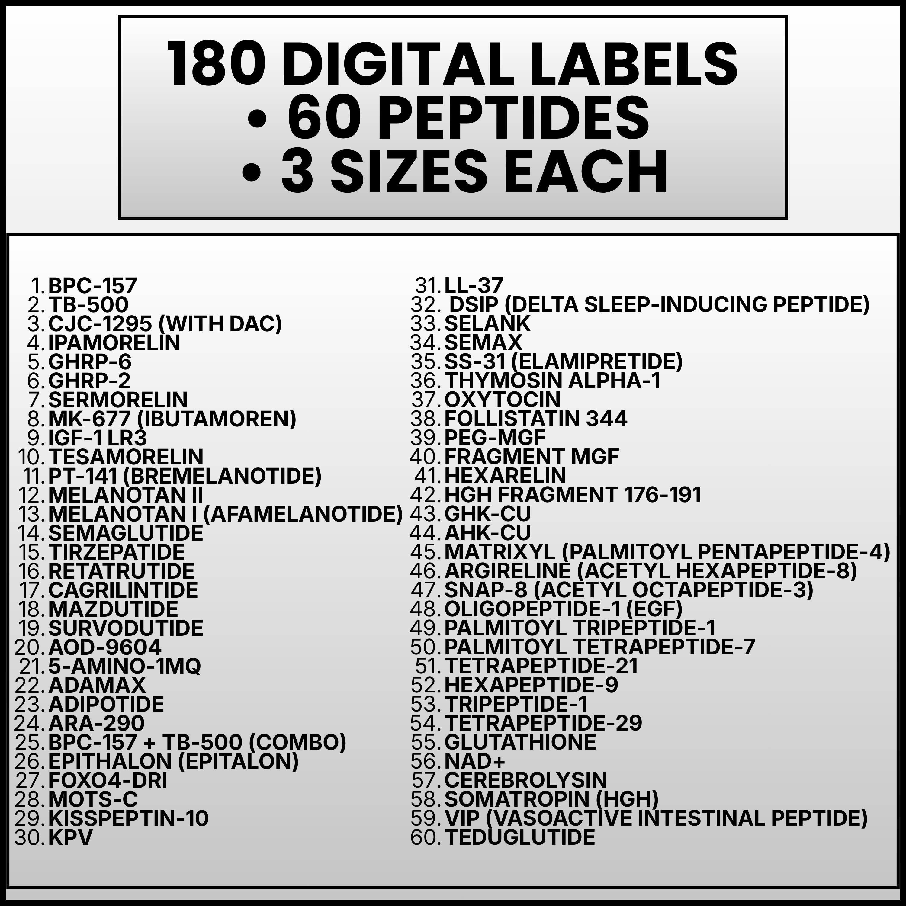 cjc-1295 ipamorelin bpc 157 ibutamoren aod 9604 kisspeptin Peptide Labels | Peptide Vial Stickers | Research Vial Labels | Thermal Printer Compatible | 60 Names | 3 Sizes | Digital Download Shipped Australia-wide