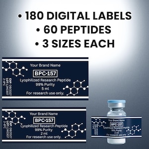 May include: Image features three dark blue labels with white text and a vial. The labels read "BPC-157 Lyophilized Research Peptide 99% Purity" in 2 ml and 5 ml sizes. The text "For research use only" is also present. The image also includes the text "180 DIGITAL LABELS, 60 PEPTIDES, 3 SIZES EACH."