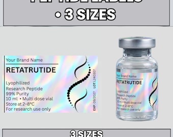 Modelli di etichette per peptidi, etichette per fiale modificabili con Canva, pacchetto di adesivi termici NIIMBOT, etichette per flaconi di ricerca, 30 nomi di peptidi