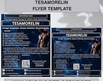 Modello di volantino per Tesamorelin, modello Canva per terapia peptidica, volantino di marketing per centro benessere, design modificabile per post Instagram di clinica benessere