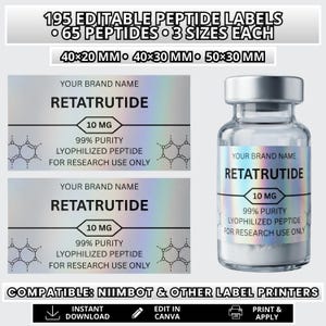 Könnte beinhalten: Ein Set aus 195 editierbaren holografischen Peptid-Etiketten in den Größen 40x20 mm, 40x30 mm und 50x30 mm. Die Etiketten zeigen den Text RETATRUTIDE, 10 MG, 99% PURITY, LYOPHILIZED PEPTIDE und FOR RESEARCH USE ONLY. Kompatibel mit Niimbot.