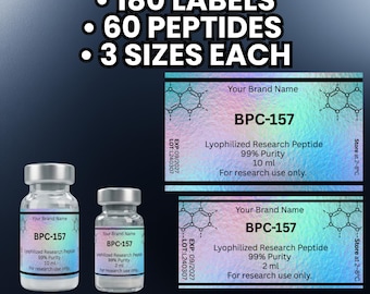 Modello di etichetta per peptidi, 60 peptidi, etichette digitali stampabili, 3 formati 40x20, 40x30, 50x30, modello di adesivo per laboratorio medico, design modificabile.