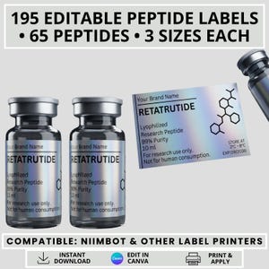 Könnte beinhalten: Zwei klare Glasfläschchen mit silbernen Kappen und holografischen Etiketten mit der Aufschrift RETATRUTIDE, Lyophilized Research Peptide, 99% Purity, 10 ml, For research use only, Not for human consumption. Enthält ein flaches Etikett und den Text 195 EDITABLE PEPTIDE LABELS.