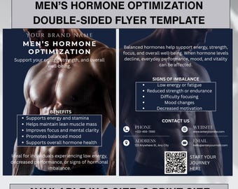Modello di volantino per l'ottimizzazione ormonale maschile, design modificabile su Canva fronte-retro, marketing per cliniche TRT, poster per il benessere maschile