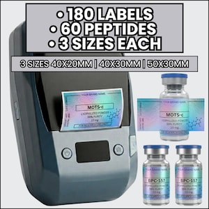 May include: A portable thermal label printer with a holographic label reading MOTS-c, 99% purity, 10 mg. Includes 180 labels, 60 peptides, 3 sizes each: 40x20mm, 40x30mm, 50x30mm. Three glass vials with silver caps are labeled MOTS-c and BPC-157.