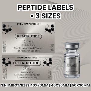 May include: Silver peptide labels with the text "RETATRUTIDE" and "PREMIUM PEPTIDES". The labels are available in three sizes: 40x20mm, 40x30mm, and 50x30mm. A vial of the peptide is also shown.