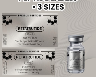 Set di etichette per peptidi di alta qualità - 30 nomi, 3 dimensioni - Adesivi in lamina metallica argento per fiale - Compatibili con Niimbot - Estetica per laboratori medici