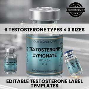 Puede incluir: Imagen de tres viales de vidrio con tapas plateadas, etiquetados con el texto "TESTOSTERONE CYPIONATE". Las etiquetas son turquesas y blancas, con el texto "200 mg/ml" y "10 ml". La imagen también incluye el texto "6 TESTOSTERONE TYPES x 3 SIZES" y "EDITABLE TESTOSTERONE LABEL TEMPLATES".