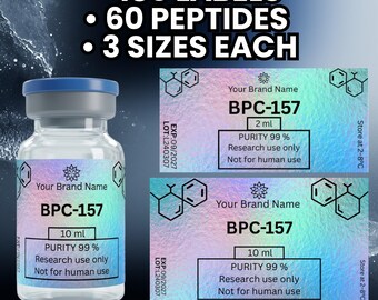 Modello di etichetta per peptidi, etichette Niimbot, modello di adesivo per fiale, etichette modificabili Canva, etichette per fiale di peptidi, etichette per la ricerca, adesivi per peptidi