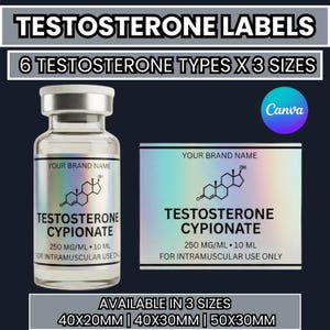 Könnte beinhalten: Eine klare Glasampulle mit silbernem Verschluss und einem holografischen Etikett mit dem Text TESTOSTERONE CYPIONATE, 250 MG/ML, 10 ML, FOR INTRAMUSCULAR USE ONLY und einer chemischen Struktur. Ein passendes rechteckiges holografisches Etikett liegt daneben.