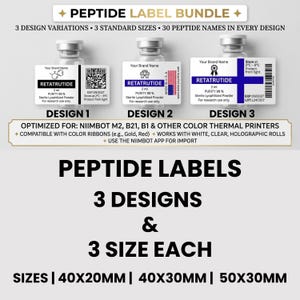 May include: Peptide label bundle with three designs and three sizes each. The labels are for peptide research and come in three standard sizes: 40x20mm, 40x30mm, and 50x30mm. The labels are optimized for NIIMBOT thermal printers and compatible with color ribbons.