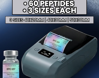 Peptide Label Template, 60 Peptides, Printable Digital Labels, 3 Sizes 40x20 40x30 50x30, Med Lab Sticker Template, Editable Design