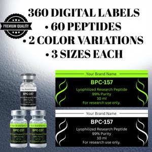 Op de afbeelding: Afbeelding met flesjes BPC-157 gelyofiliseerd onderzoekspeptide, 99% zuiverheid, 10 ml. De afbeelding toont ook labels met de tekst "BPC-157" en "For research use only." Het product is verkrijgbaar in 2 kleuropties en 3 maten.