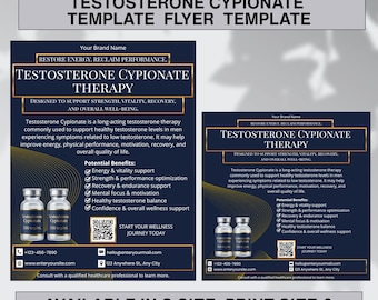 Modello di volantino per la terapia TRT con testosterone cipionato, brochure di marketing per centri estetici e spa, elegante post su Canva per Instagram, download digitale.
