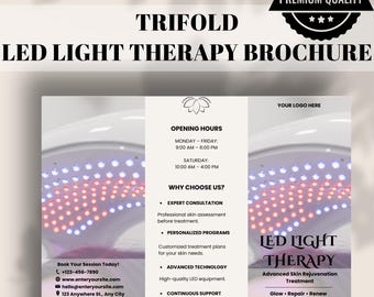 Brochure a tre ante per terapia con luce LED, modello Canva per clinica di cura della pelle (download digitale)