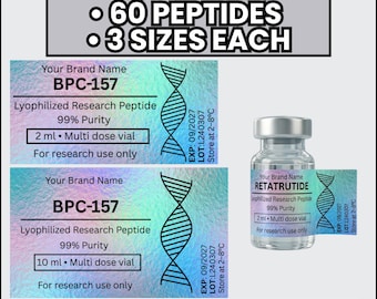 Modello di etichetta per peptidi / 60 nomi di peptidi / Etichette per fiale modificabili con Canva / Design di etichette di ricerca olografiche / Adesivi stampabili di diverse dimensioni