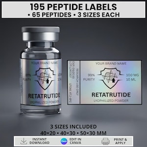 May include: A clear glass vial with a silver cap and a holographic label featuring the text RETATRUTIDE, LYOPHILIZED POWDER, 99% PURITY, 100 MG, 10 ML, and a shield icon with a DNA strand. The label also includes LOT:L240307, EXP:09/2030, and RESEARCH USE ONLY.