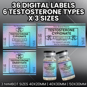 Puede incluir: Imagen de 36 etiquetas digitales para productos de testosterona. Las etiquetas incluyen texto como "Testosterona Cipionato" y "Testosterona Enantato". La imagen también muestra viales del producto. Las etiquetas vienen en tres tamaños: 40x20mm, 40x30mm y 50x30mm.
