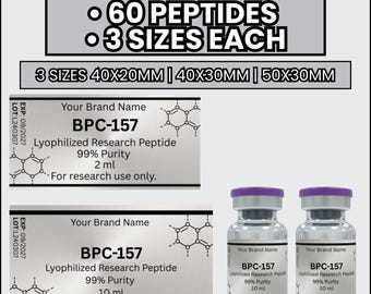 180 modelli di etichette per peptidi per stampanti a getto d'inchiostro e laser Niimbot M2 B21 B1, design modificabile su Canva, 3 dimensioni: 40 x 20 mm, 40 x 30 mm, 50 x 30 mm, etichette adesive per fiale mediche.