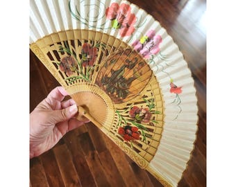 Spanish Style Folding Hand Fan With Flamenco Dancers Spain Floral Bamboo