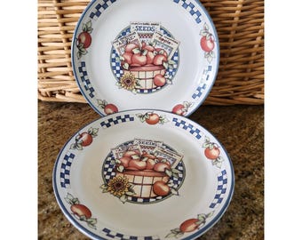2 platos de ensalada International Tableworks Appletime vintage 1995, de gres, estilo cottagecore.
