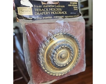 Vtg New Sears Gadroon Antique Brass Georgian Rope Medallion Curtain Hold Backs