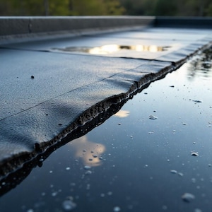 Può includere: Primo piano di una membrana impermeabilizzante per tetti nera e piatta, con una superficie leggermente strutturata. Il bordo del materiale di copertura è visibile, mostrando la sua costruzione a strati. Sono presenti goccioline d'acqua e riflessi.