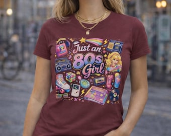 Camiseta "Just an 80s Girl" / Íconos retro de los 80, casete, cubo de Rubik, consola de juegos