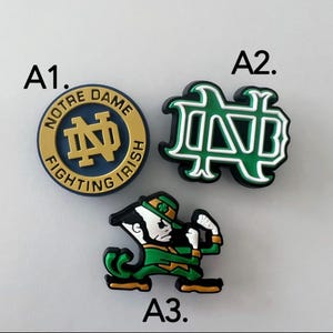 May include: Three Notre Dame Fighting Irish themed charms. One is a circular emblem with text and a gold logo on a blue background. Another is a green and white logo. The third is a leprechaun figure in green and gold.