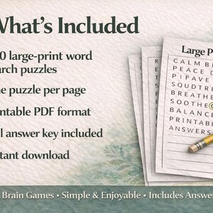 May include: A stack of large-print word search puzzles with a pencil. The image includes the text "What's Included", listing 200 puzzles, one per page, in PDF format, with a full answer key and instant download. The puzzles are for relaxing brain games.
