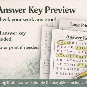 May include: Image of a crossword puzzle answer key preview. The text reads "Answer Key Preview" and "Check your work any time!" with a pencil and highlighted words. Includes "Full answer key included!" and "View or print if needed".