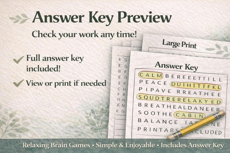 May include: Image of a crossword puzzle answer key preview. The text reads "Answer Key Preview" and "Check your work any time!" with a pencil and highlighted words. Includes "Full answer key included!" and "View or print if needed".