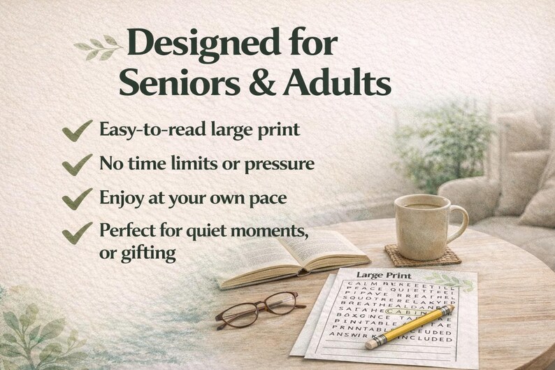 May include: A wooden table displays a crossword puzzle, open book, spectacles, and a mug of coffee. Text reads "Designed for Seniors & Adults", with bullet points emphasizing easy-to-read large print and no time constraints.