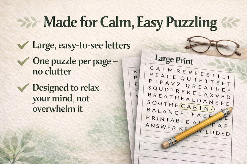 May include: A stack of large print word search puzzles with a pencil and spectacles. The puzzles are designed for easy puzzling and relaxation. The text on the page includes the word "CABIN".