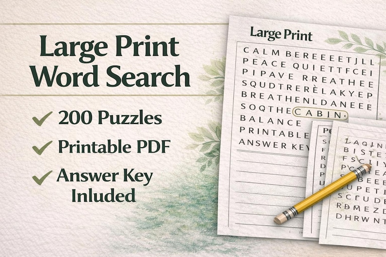 May include: A collection of large print word search puzzles. The image shows the text "Large Print Word Search", "200 Puzzles", "Printable PDF", and "Answer Key Included". A pencil rests on the puzzles, which are printed on white paper.