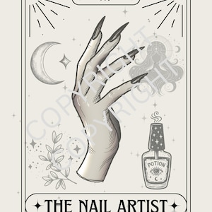 Puede incluir: Ilustración de carta de tarot con una mano con uñas largas y negras. La carta incluye una luna creciente, estrellas y un frasco de esmalte de uñas "Potion". El texto en la parte inferior dice "THE NAIL ARTIST".