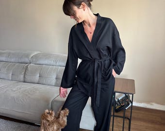 100% Leinen Pyjamas Kimono Homewear Set Geschenk für Mädchen