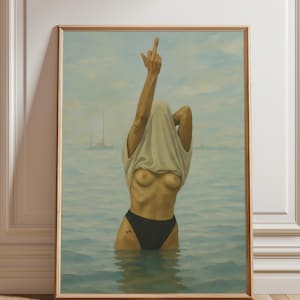Gedurfde feministische kunstprint, edgy kustvrouw schilderij, moderne levensstijl wanddecoratie, vrouwelijke rebelse chique kunst