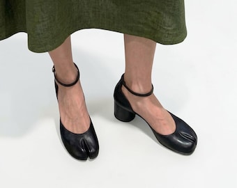 Women's Vintage Tabi Shoes Mary Jane Shoes Split Toe Ballet Flats Leather Pumps Japanese Style Womens Mary Janes Handmade Retro Flats