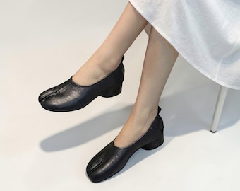 Zapatos Tabi de cuero, mocasines con punta dividida, estilo japonés, Mary Janes para mujer, zapatos planos retro hechos a mano.