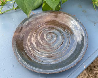 Handmade Ceramic Plate Dish Blue Brown Swirl Artisan Pottery