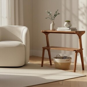 Walnut farmhouse slim end table beside sofa in living room