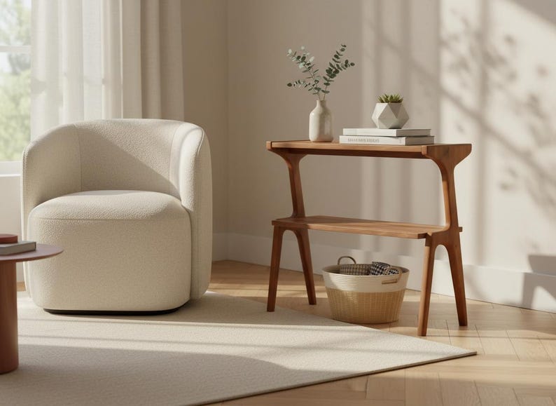 Walnut farmhouse slim end table beside sofa in living room
