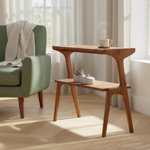 Narrow sofa side table with lower storage shelf