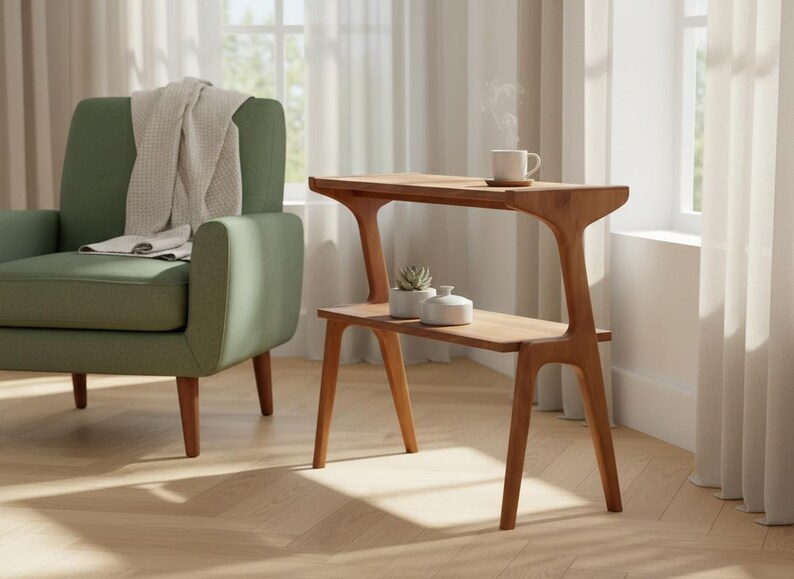 Narrow sofa side table with lower storage shelf