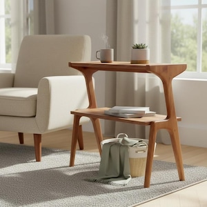 May include: A two-tiered wooden side table with a natural finish. The table has a unique, curved design and is holding a mug, a small potted plant, and books. A basket with a blanket is below.
