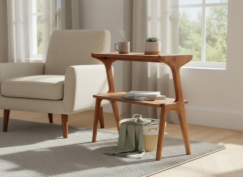 Walnut farmhouse slim end table beside sofa in living room