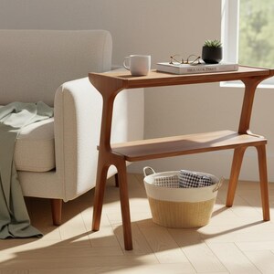 Narrow sofa side table with lower storage shelf