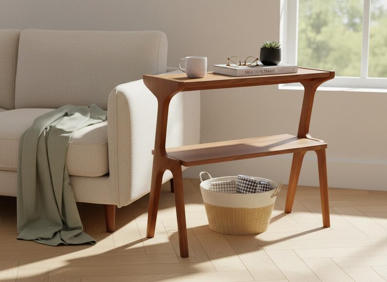 Narrow sofa side table with lower storage shelf
